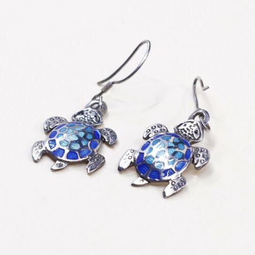 Vtg Designer Arte Sterling Handmade Earrings, 980 Silver Enamel Turtle