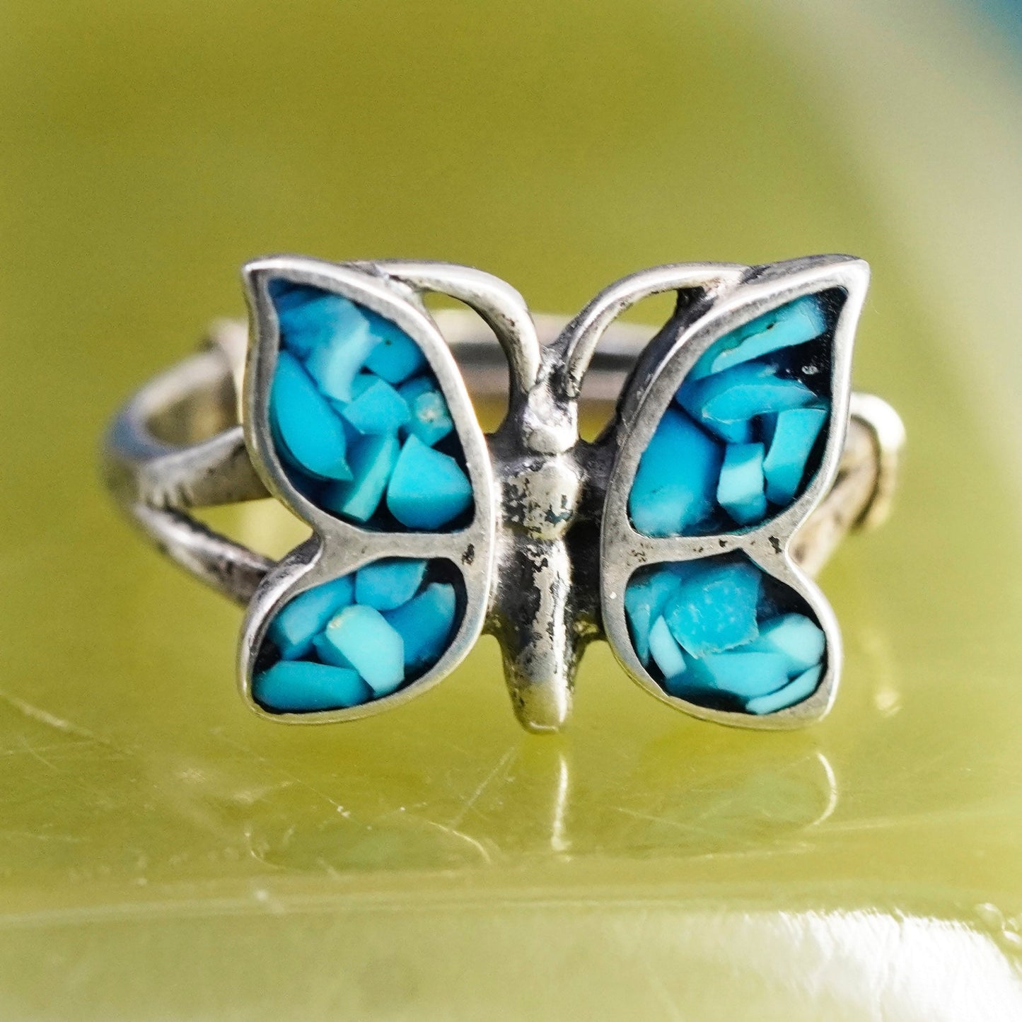 Size 2.75, Native American sterling silver pinky ring, 925 butterfly turquoise