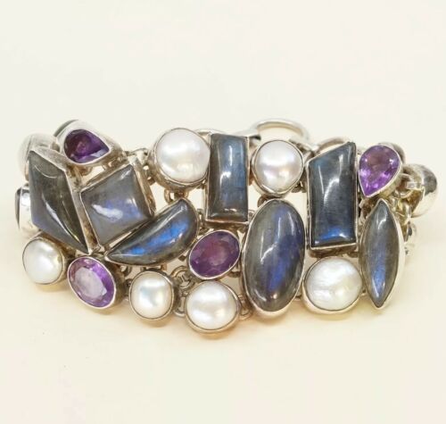 6.75”, Sterling Silver Handmade Bracelet, 925 W/ Labradorite, Pearl, Amethyst