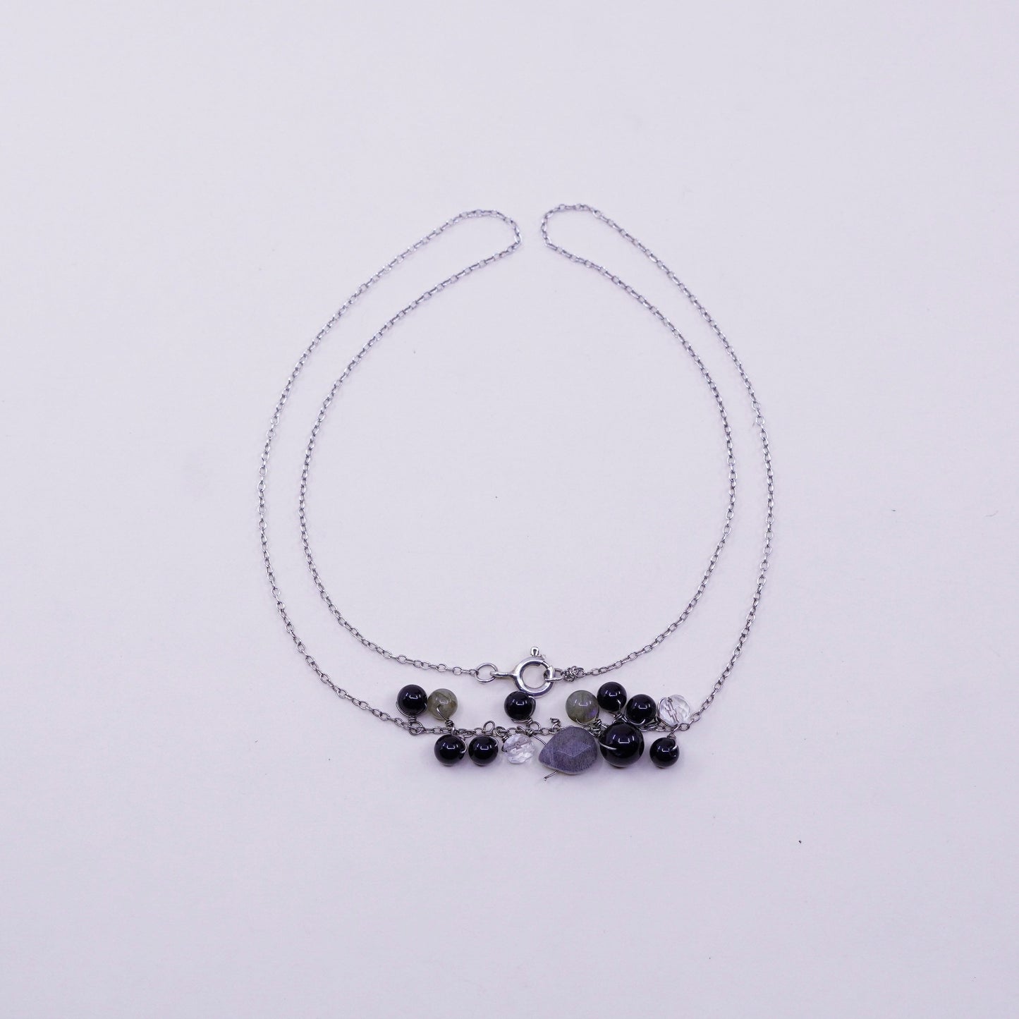 18”, Sterling 925 silver necklace chain cluster labradorite obsidian beads
