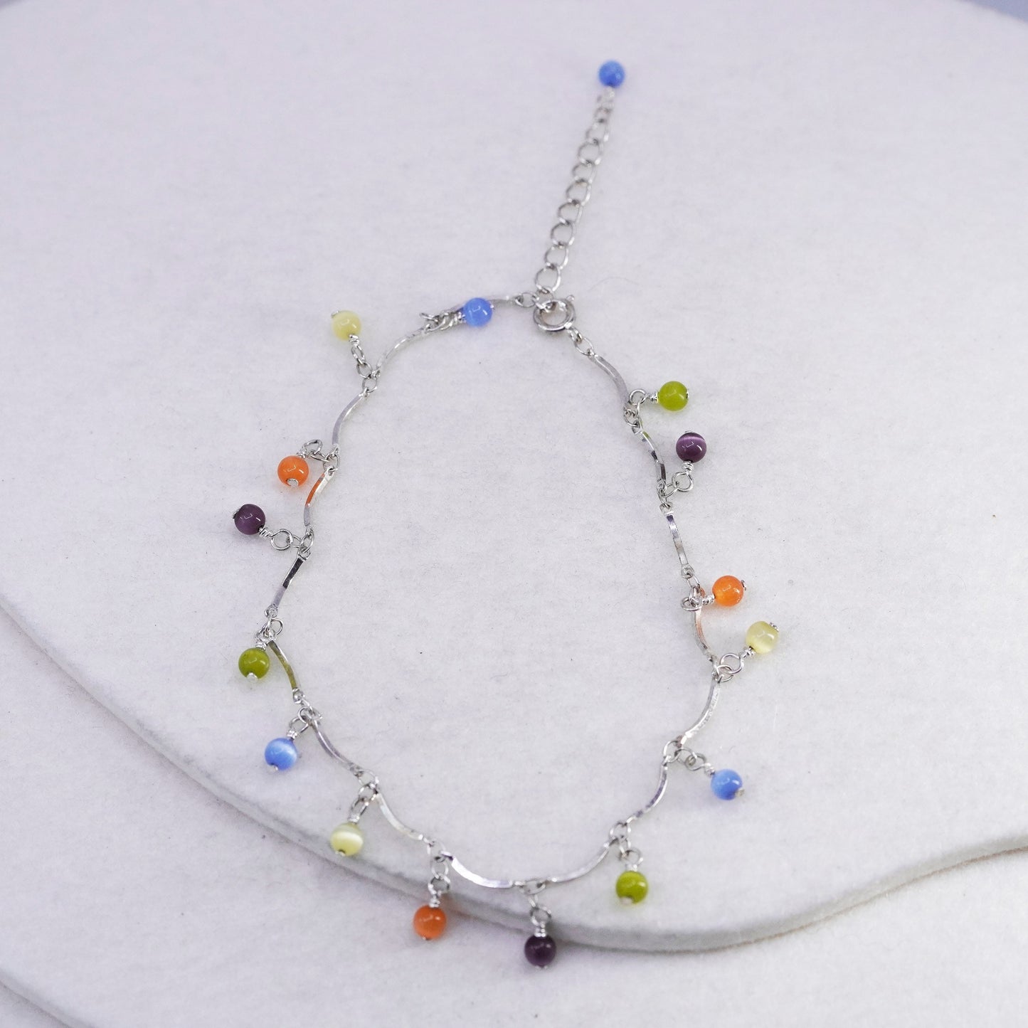 10+1”, Sterling 925 silver bone chain anklet bracelet colorful tiger eye beads
