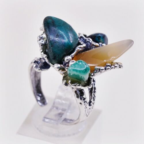 Sz Adjustable, Vtg Navajo Sterling 925 Silver W/ Turquoise Jade Ring, Silver Tes