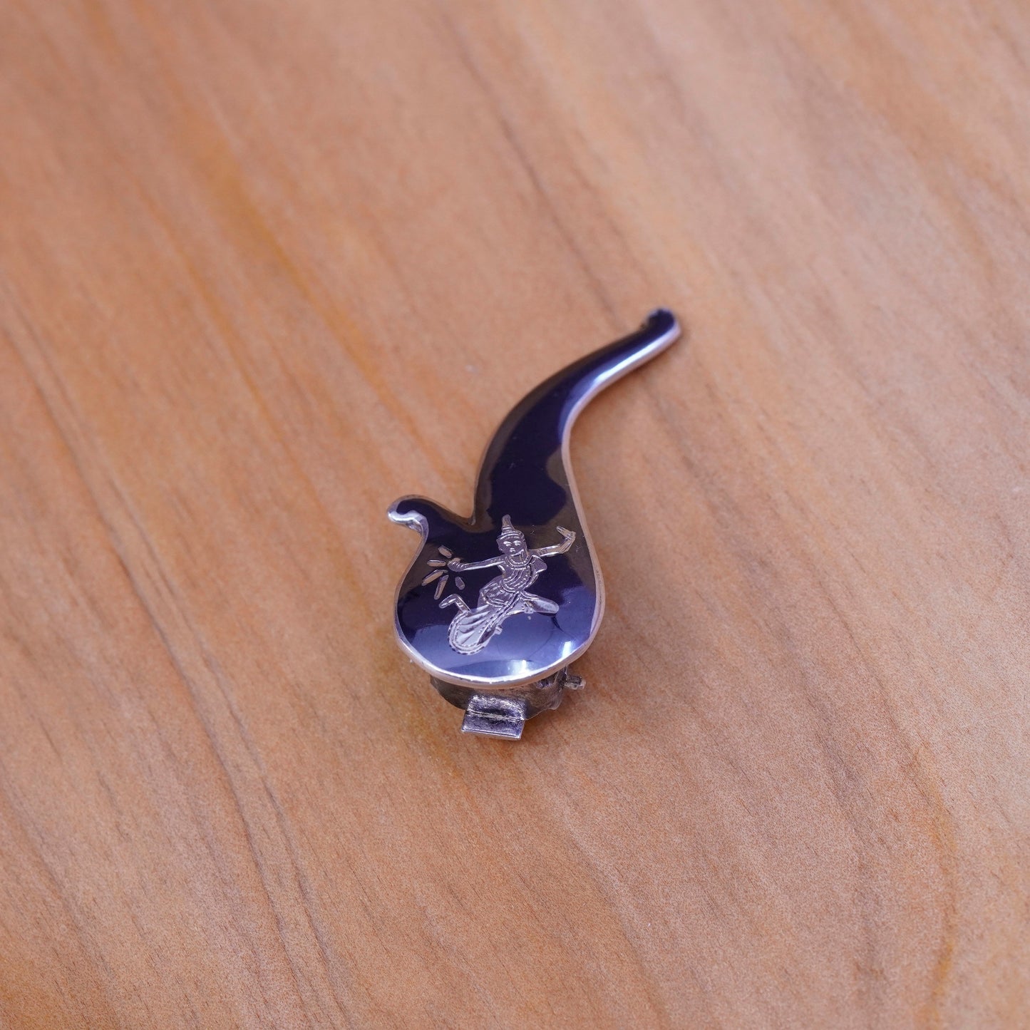 Siam sterling silver clip on earrings, 925 teardrop earrings, niello, Siam