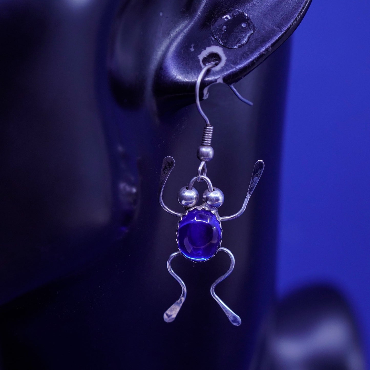 Vintage sterling 925 silver handmade frog earrings with blue glass