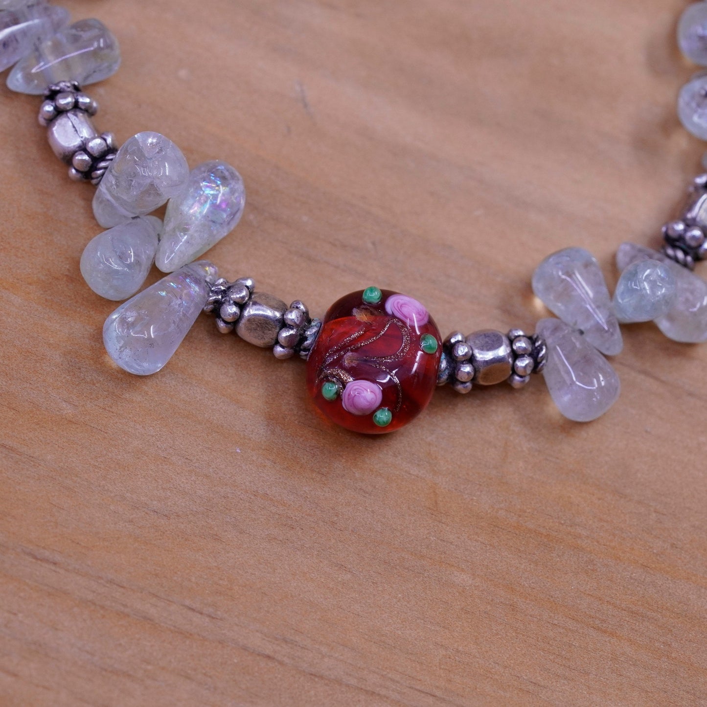 6.75”, Sterling 925 silver handmade bracelet w/ red glass bead teardrop quartz