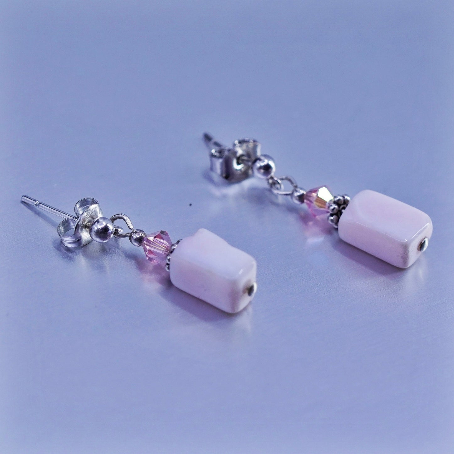 Vintage Sterling 925 silver handmade earrings with pink mother of pearl cube