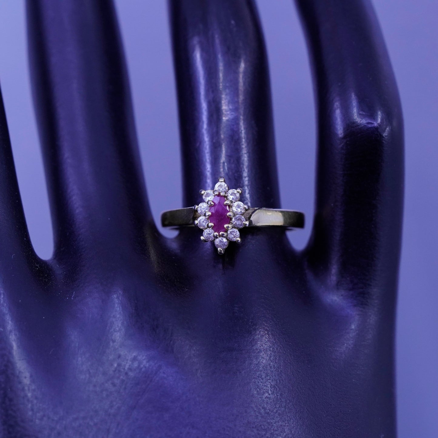Size 8.25, vtg vermeil gold filled Sterling 925 silver ring marquise ruby cz