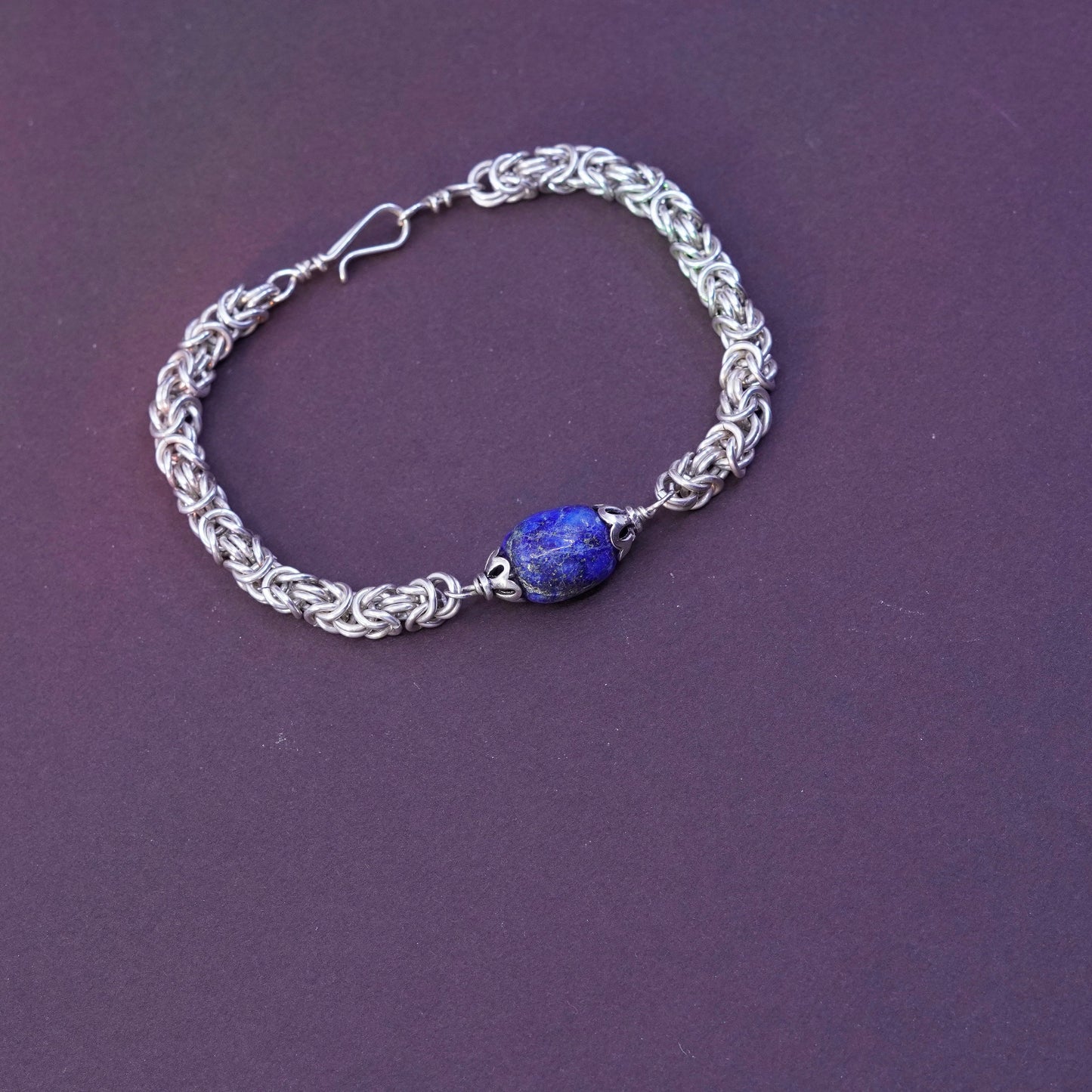 7”, Sterling silver bracelet, Italy 925 Byzantine birdcage chain lapis lazuli