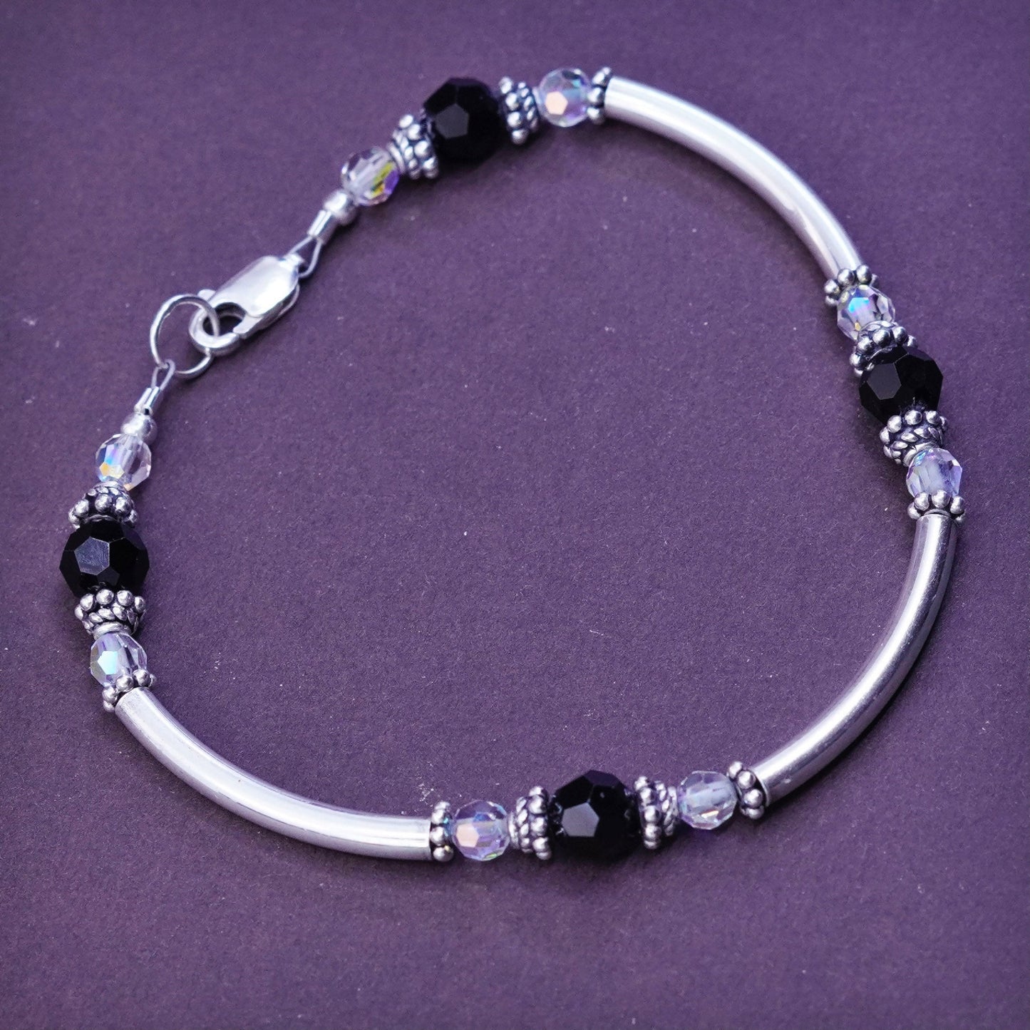 7”, Sterling silver beads bracelet, 925 bar beads with obsidian crystal beads