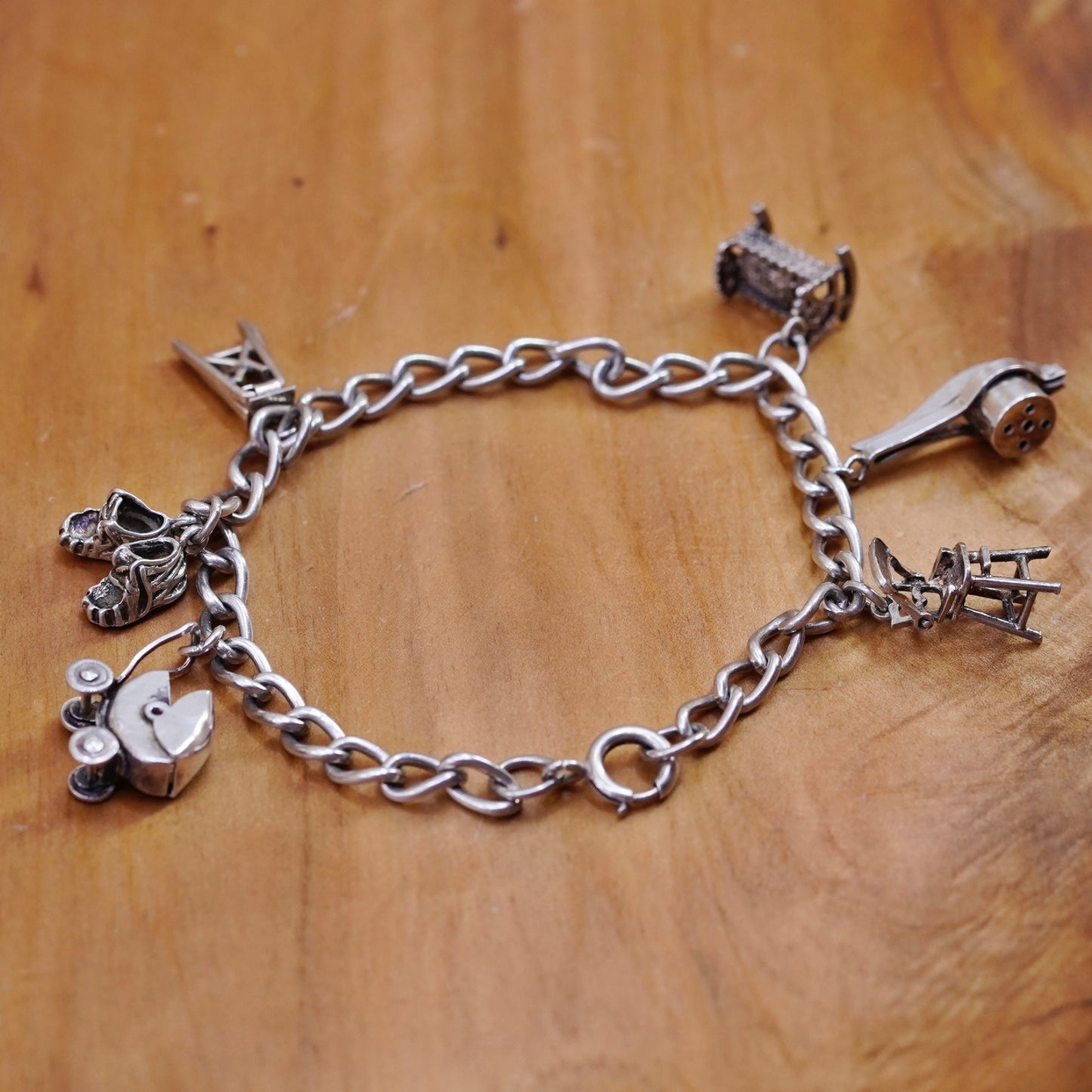 vtg Sterling 925 silver curb bracelet 6 charms, chair crib baby shoes stroller