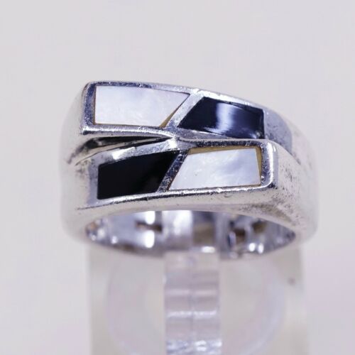 Sz 7.5, Vtg Sterling Silver Handmade Ring, 925 Band W MOP N Obsidian Inlay