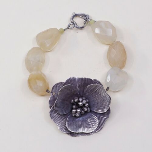 6”, Vtg Antique Sterling 925 Silver Handmade Flower W/ Citrine Nuggets Chain