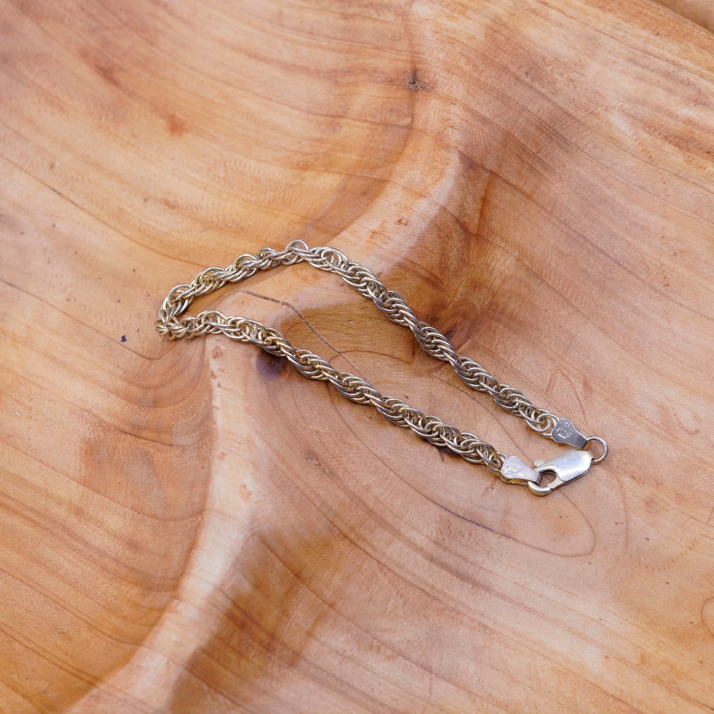 6.75”, vermeil gold Sterling silver Singapore rope bracelet, Italy 925 chain