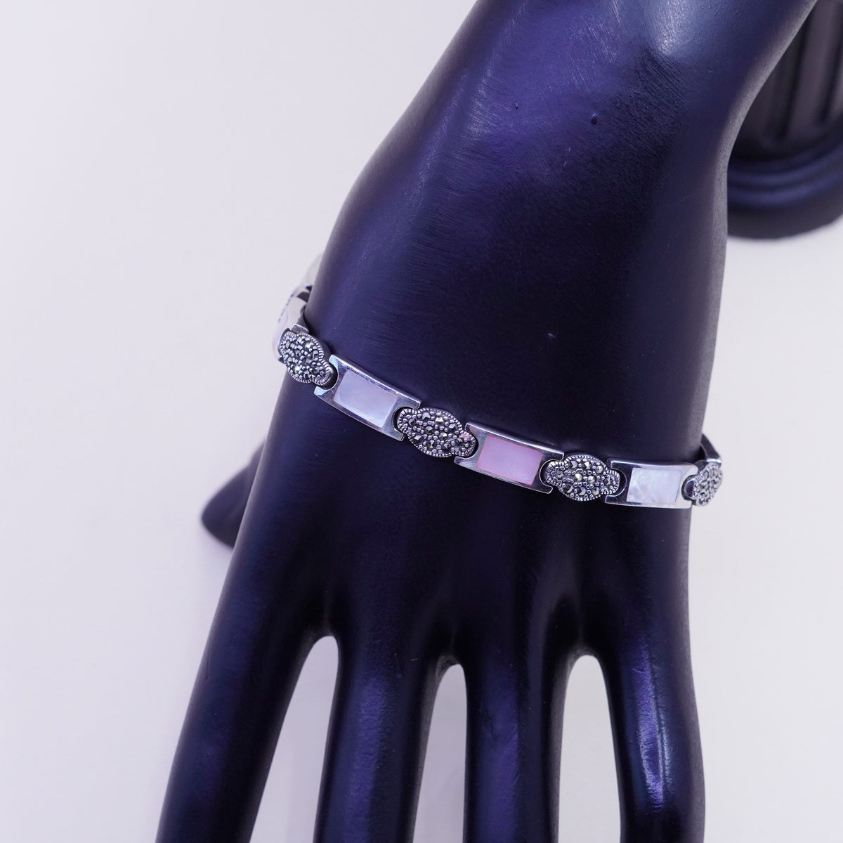 7.5”, sterling 925 silver handmade tennis bracelet mother of pearl marcasite