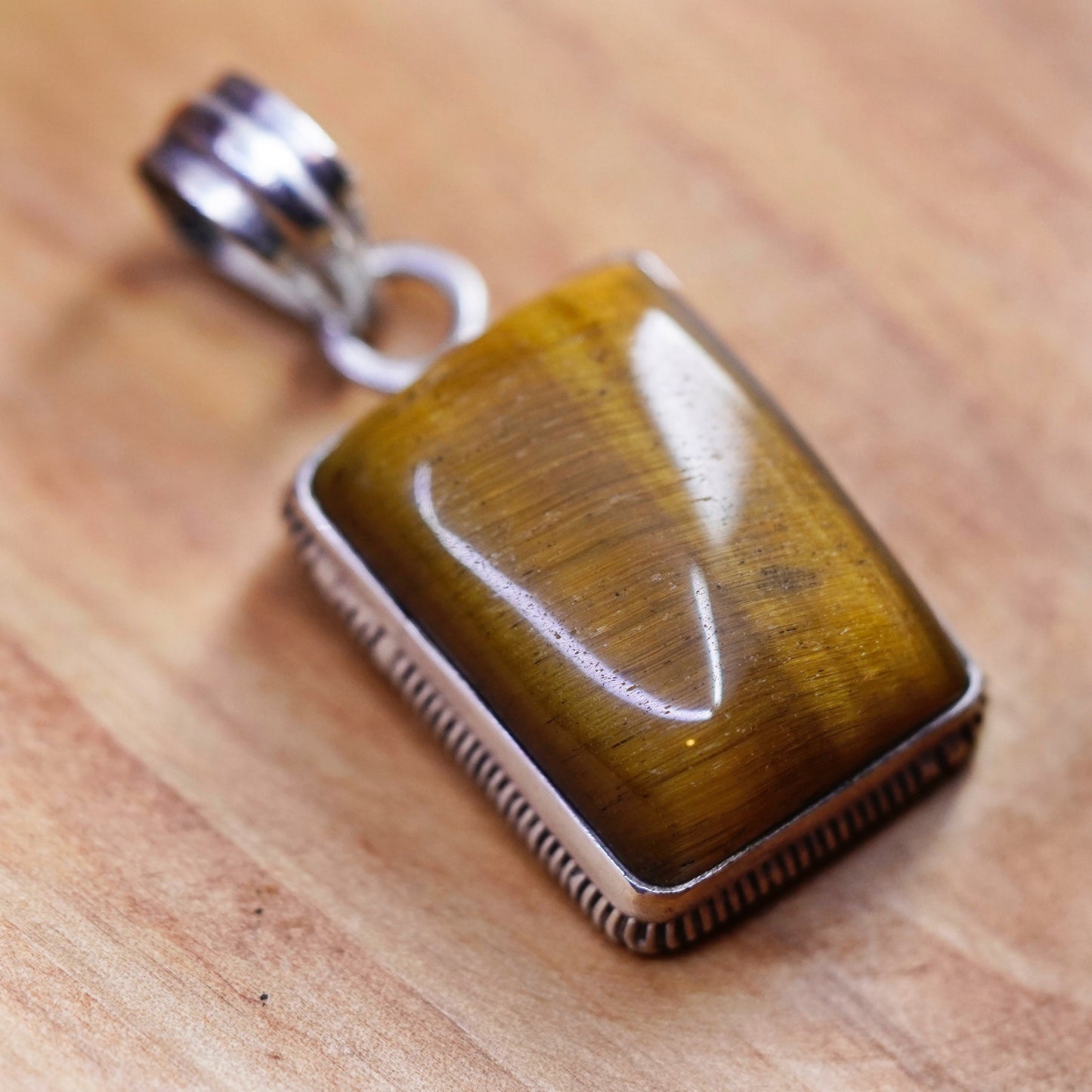 Vintage Sterling 925 silver handmade rectangular pendant with golden tiger eye