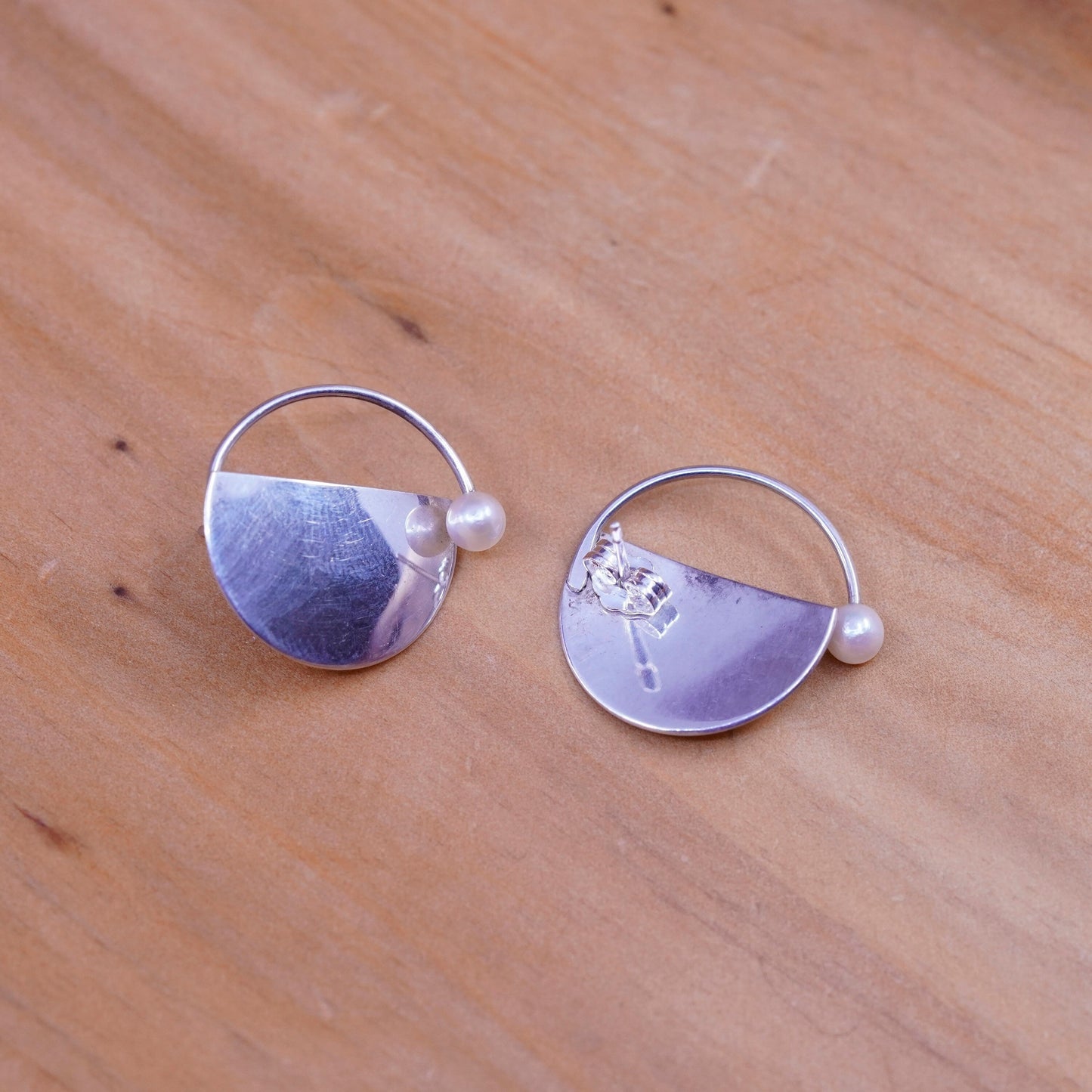 Vintage Sterling silver handmade disc studs, circle earrings with pearl