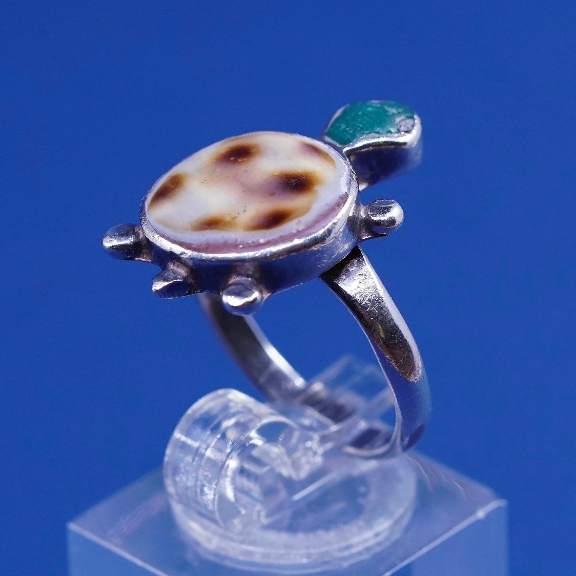 sz 7.25, Native American Sterling silver handmade ring, 925 turtle w/ turquoise