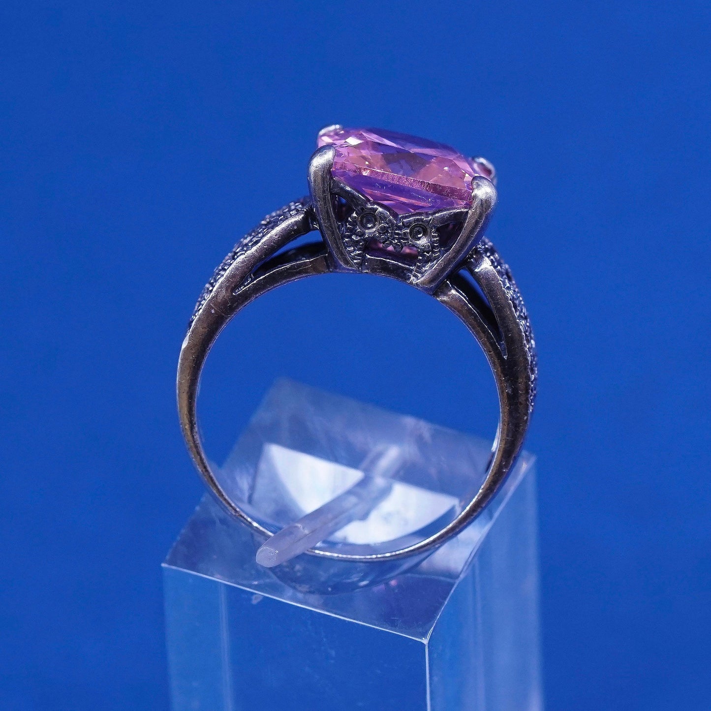 sz 8.25 vtg WS Sterling silver handmade statement ring, 925 w/ pink crystal
