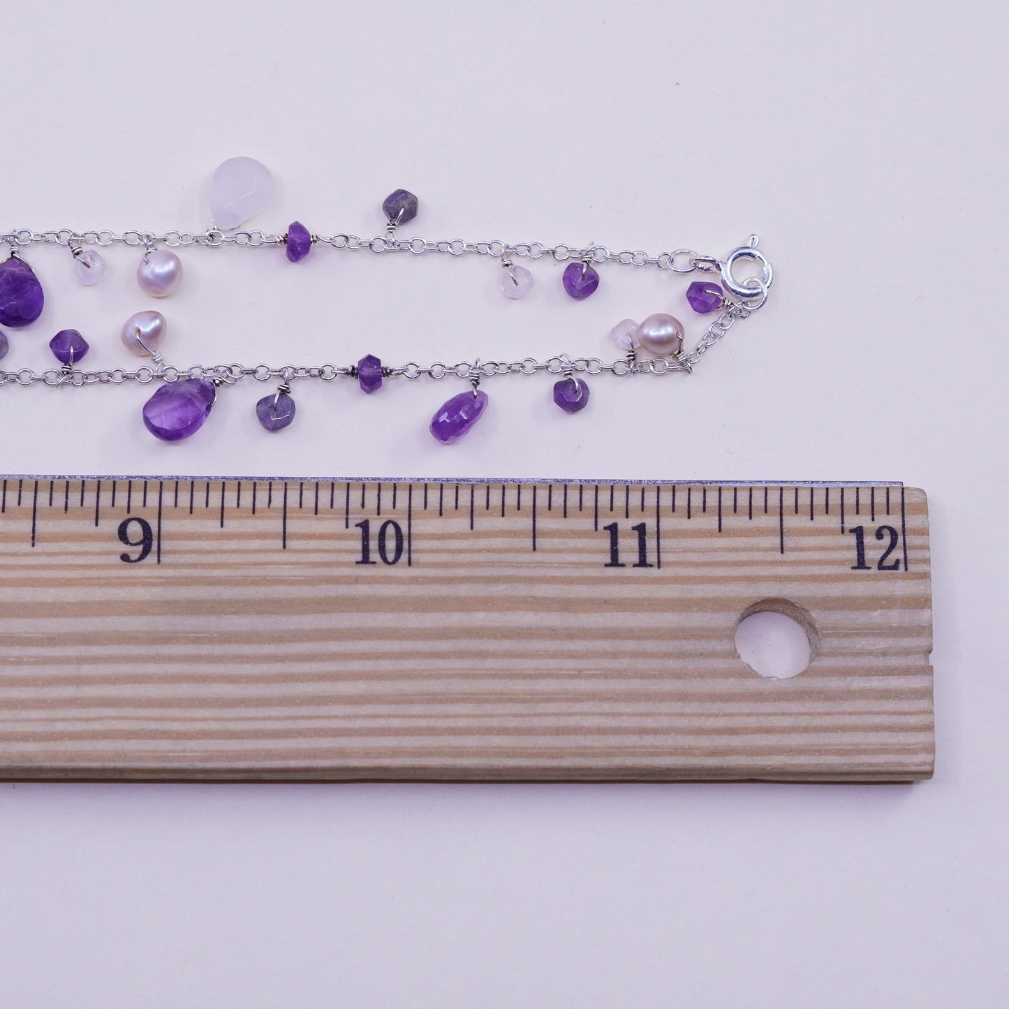 23”, Sterling silver handmade necklace, 925 circle chain amethyst quartz beads