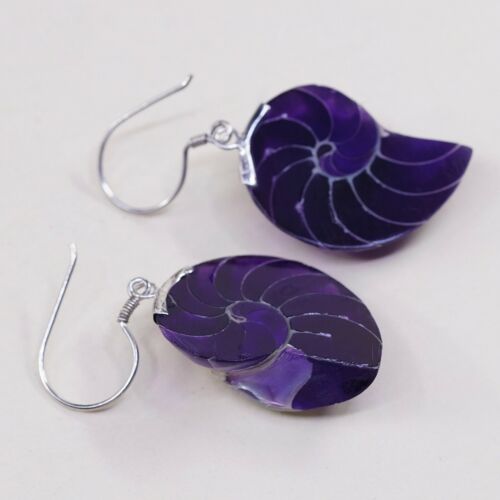 Vtg STERLING 925 SILVER Handmade Purple Shell EARRINGS Dangles, Stamped 925