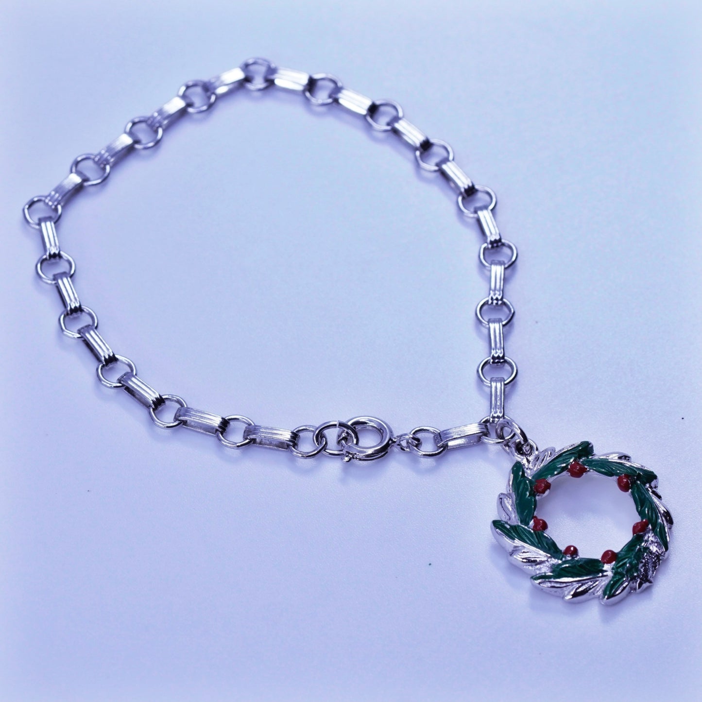 7”, vtg Italy Sterling 925 silver handmade bracelet, circle chain Berry Wreath