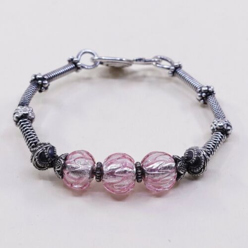 6.75”, Mexico Sterling 925 Silver Handmade Hinged Bangle W/ Pink Foiled Glass