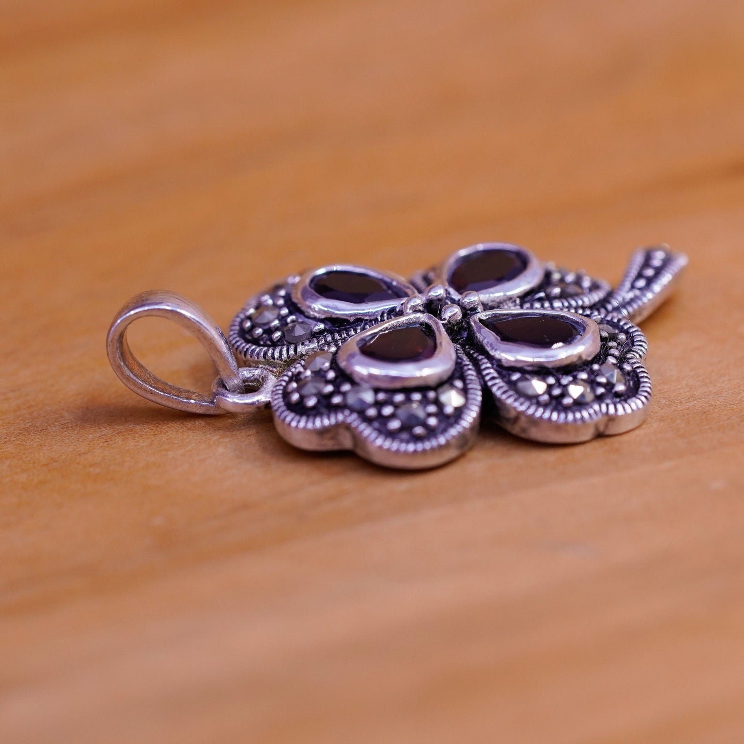 Sterling 925 Silver Handmade lucky four leaves clover Pendant ruby marcasite