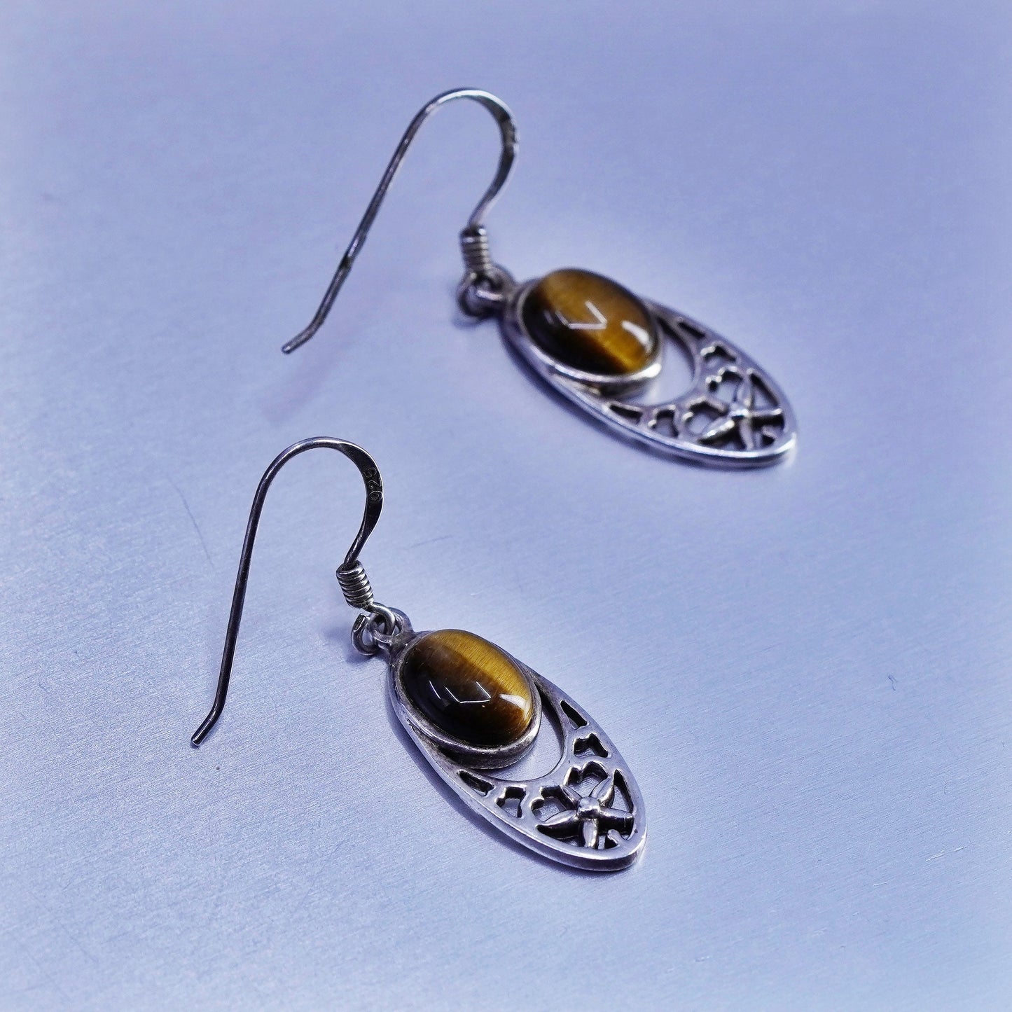 Vintage Sterling 925 silver handmade filigree earrings with golden tiger eye