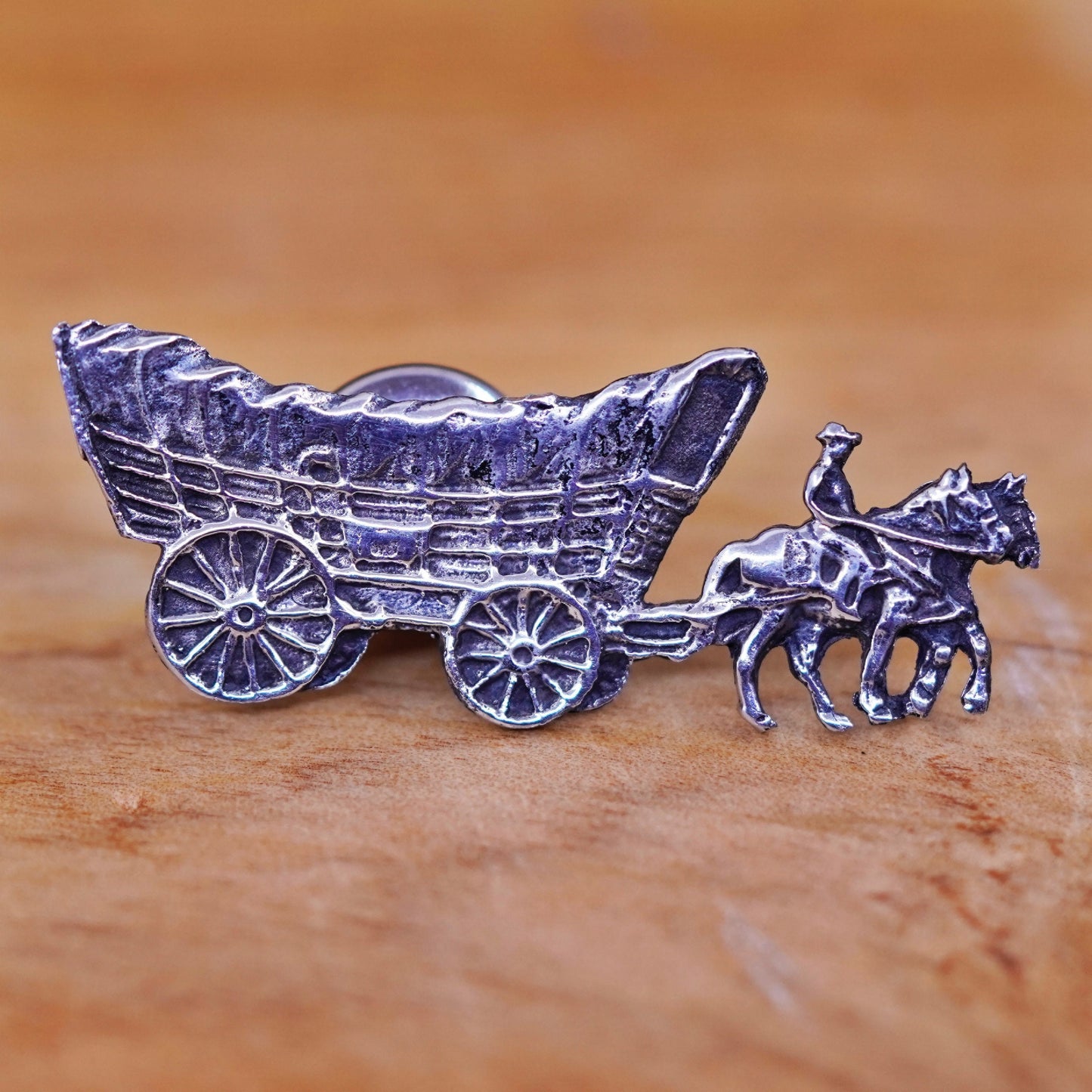 Vintage handmade sterling 925 silver horse wagon pin