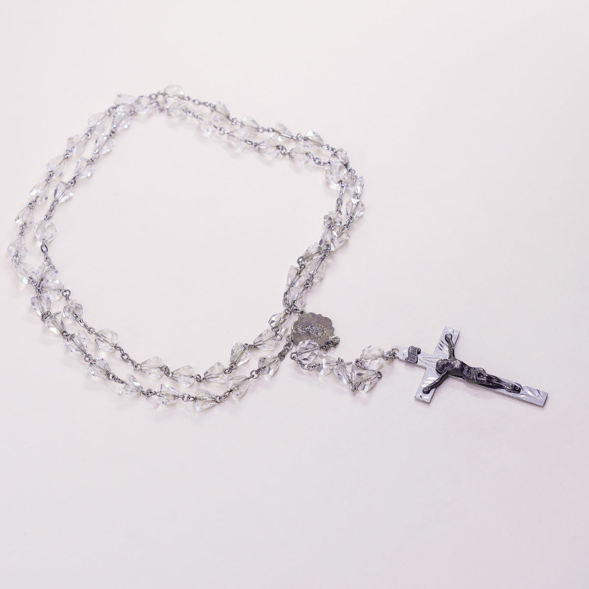 30”, sterling 925 silver rosary necklace with cross pendant and crystal beads