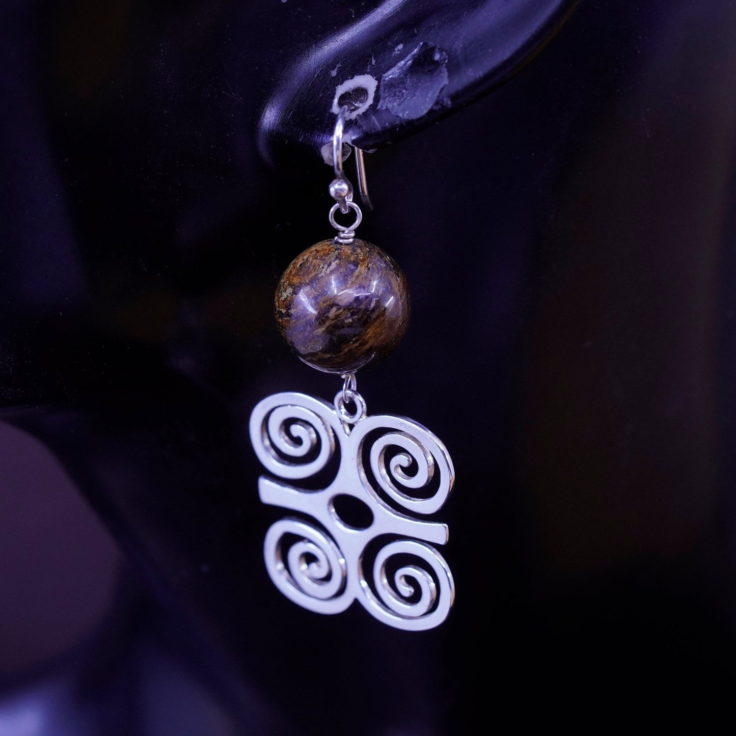Vintage Sterling 925 silver handmade dwennimmen earrings golden tiger eye beads