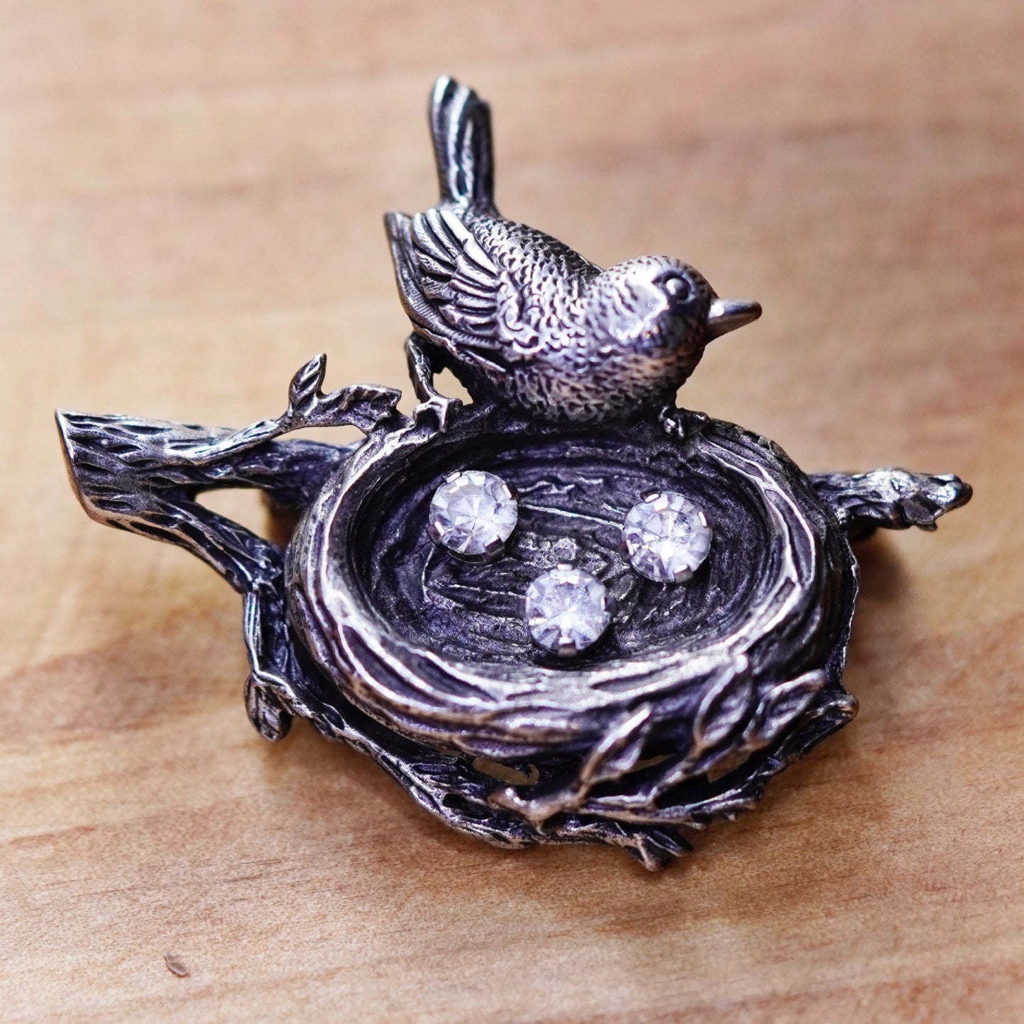 Vintage Anson handmade sterling 925 silver bird nest brooch pin with cz