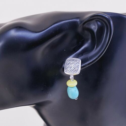 Vtg handmade Sterling 925 Silver Textured earrings W/ Jade N Turquoise Beads