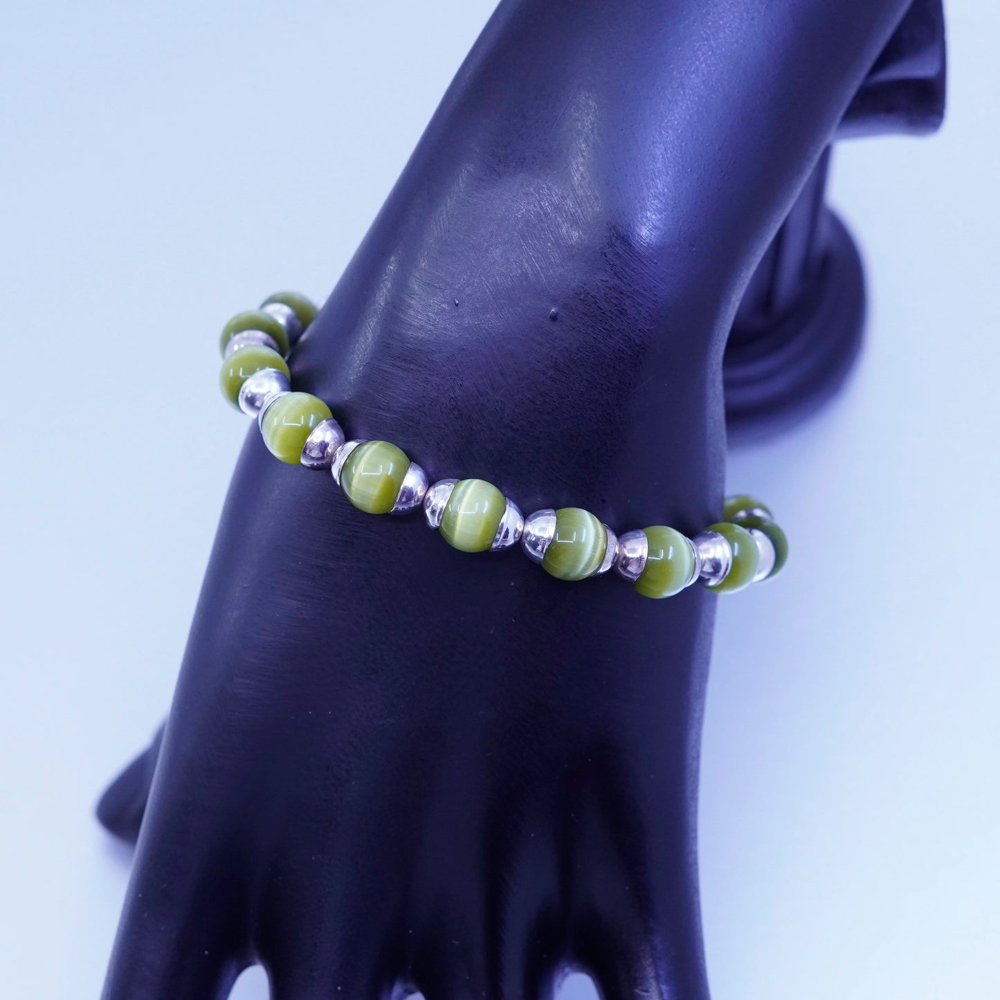 6.5”, Sterling 925 silver bracelet with green cat’s eye beads toggle closure