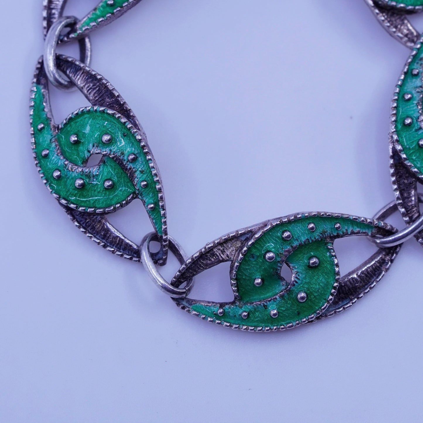 7”, Vintage Sterling 800 silver handmade bracelet, green enamel tornado links