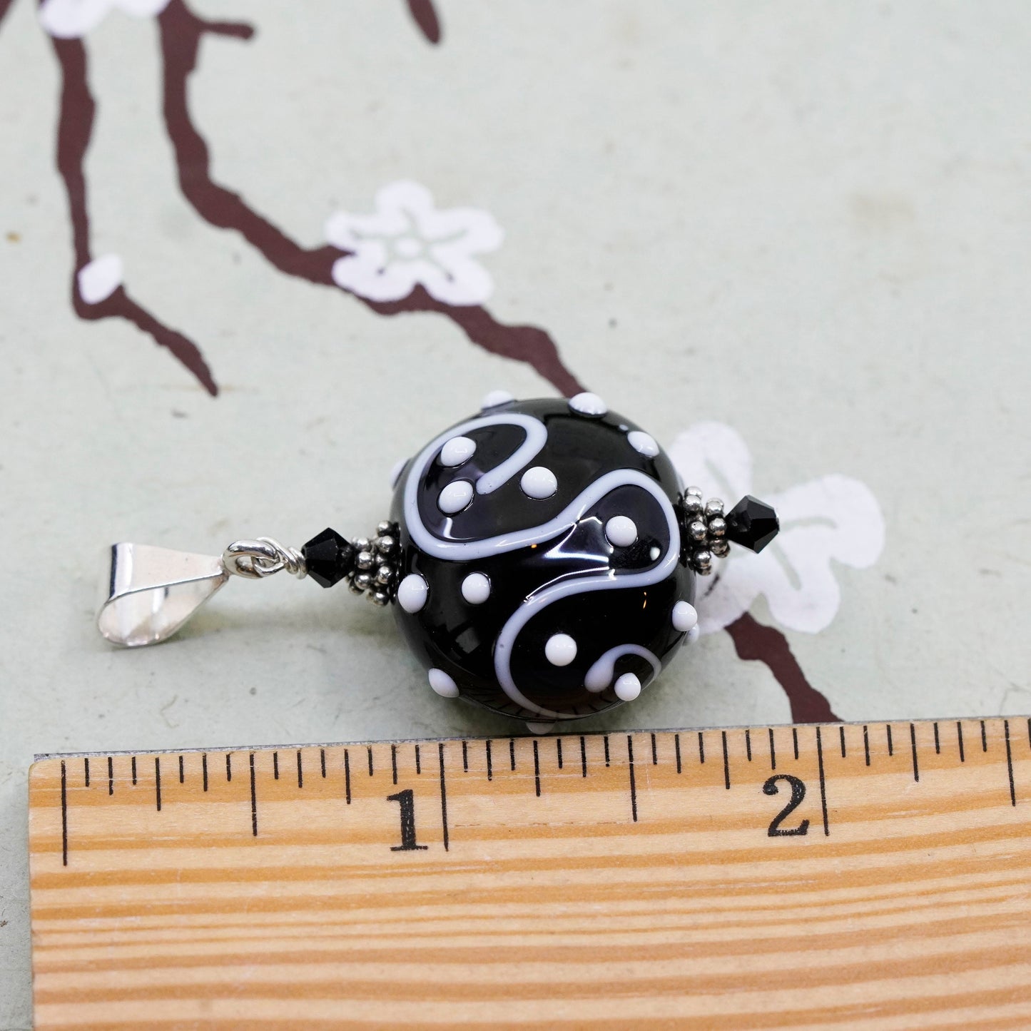 Vintage Sterling silver handmade pendant, 925 charm with black glass beads