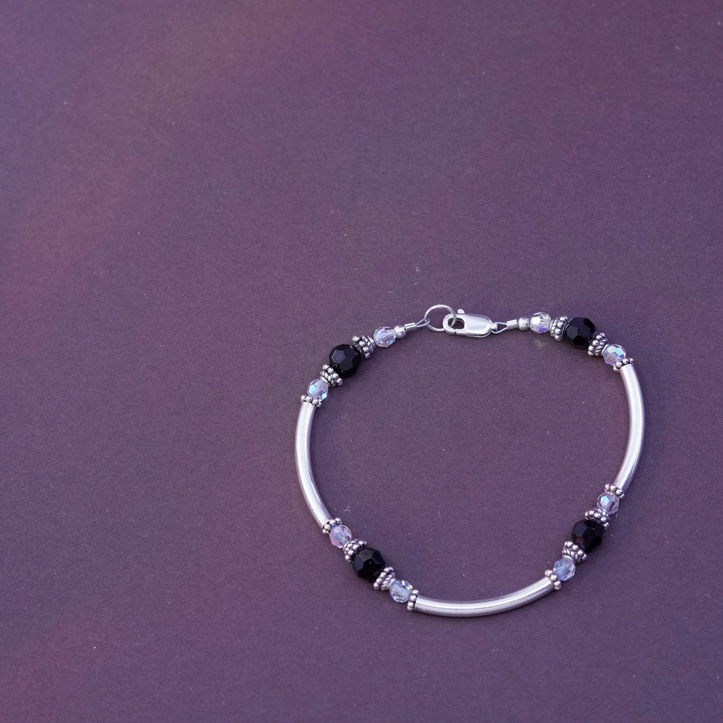 7”, Sterling silver beads bracelet, 925 bar beads with obsidian crystal beads