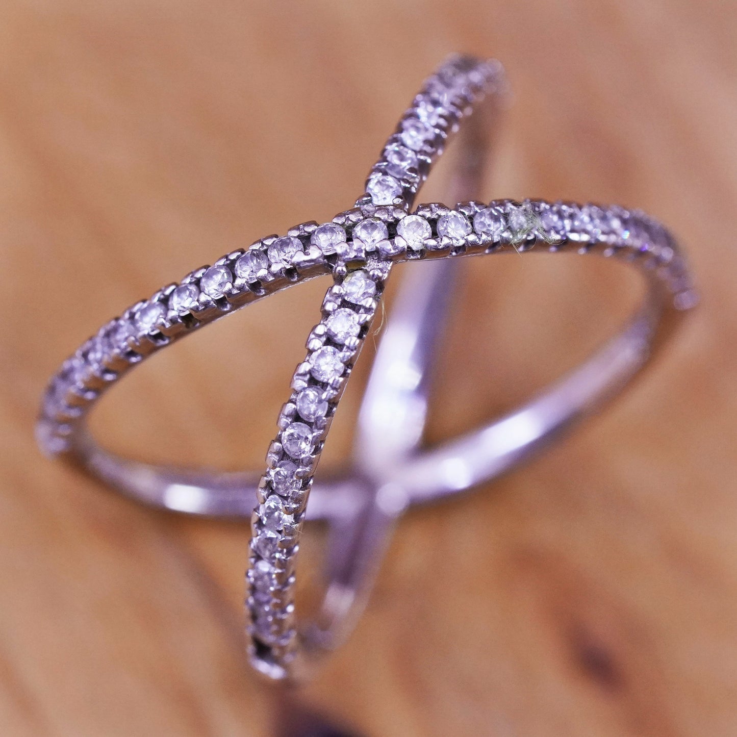 Size 6.5, vintage Sterling silver handmade ring, 925 cross band with cz
