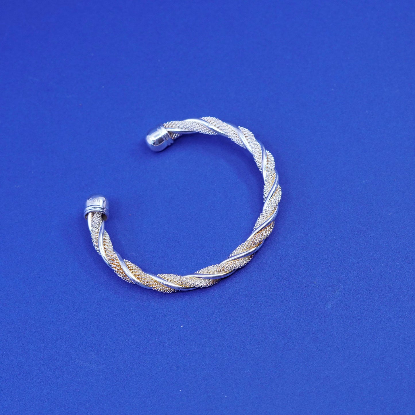 7”, sterling silver handmade bracelet, 925 twisted mesh cable cuff w/ beads end