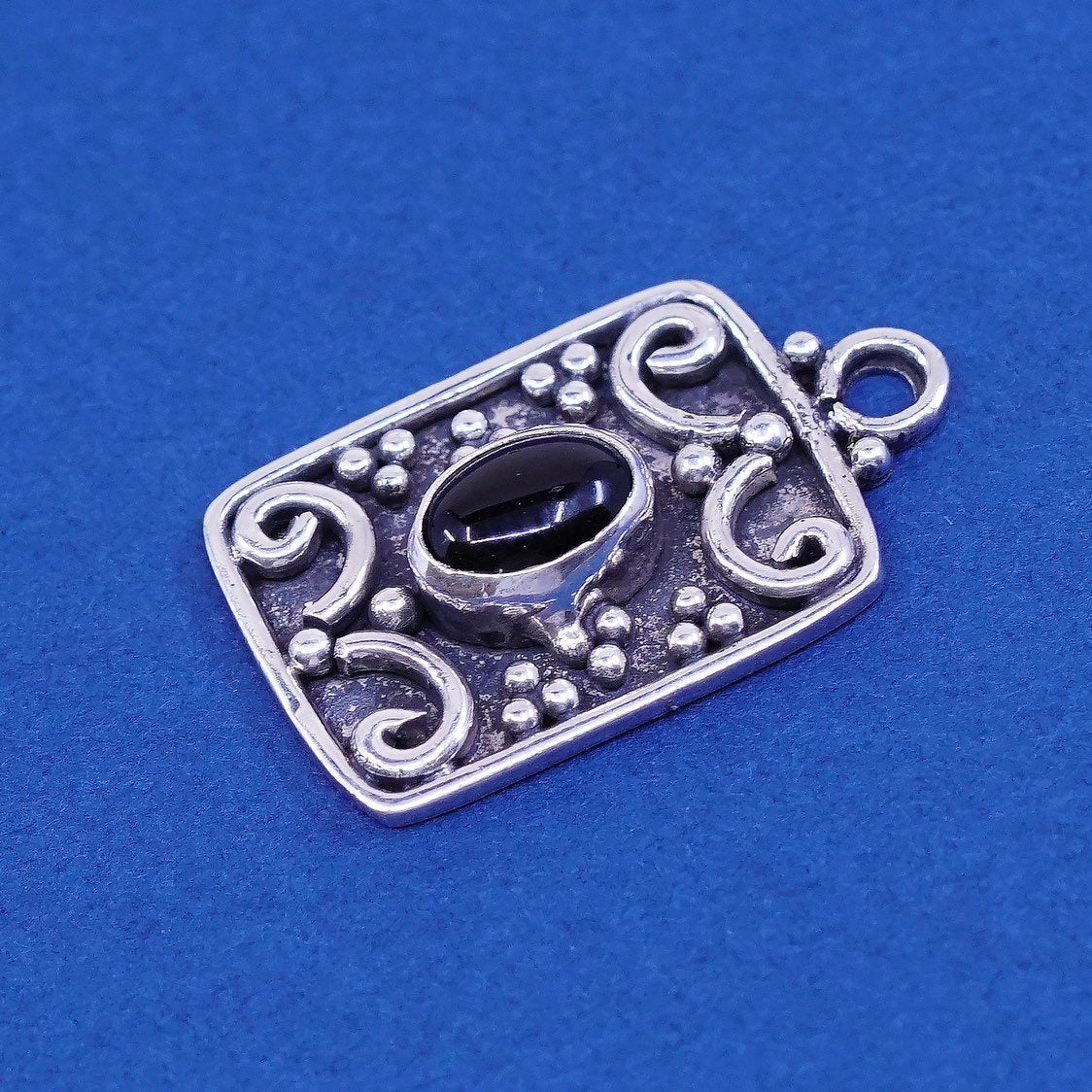 vtg Mexico ATI Sterling silver handmade pendant, 925 w/ oval obsidian