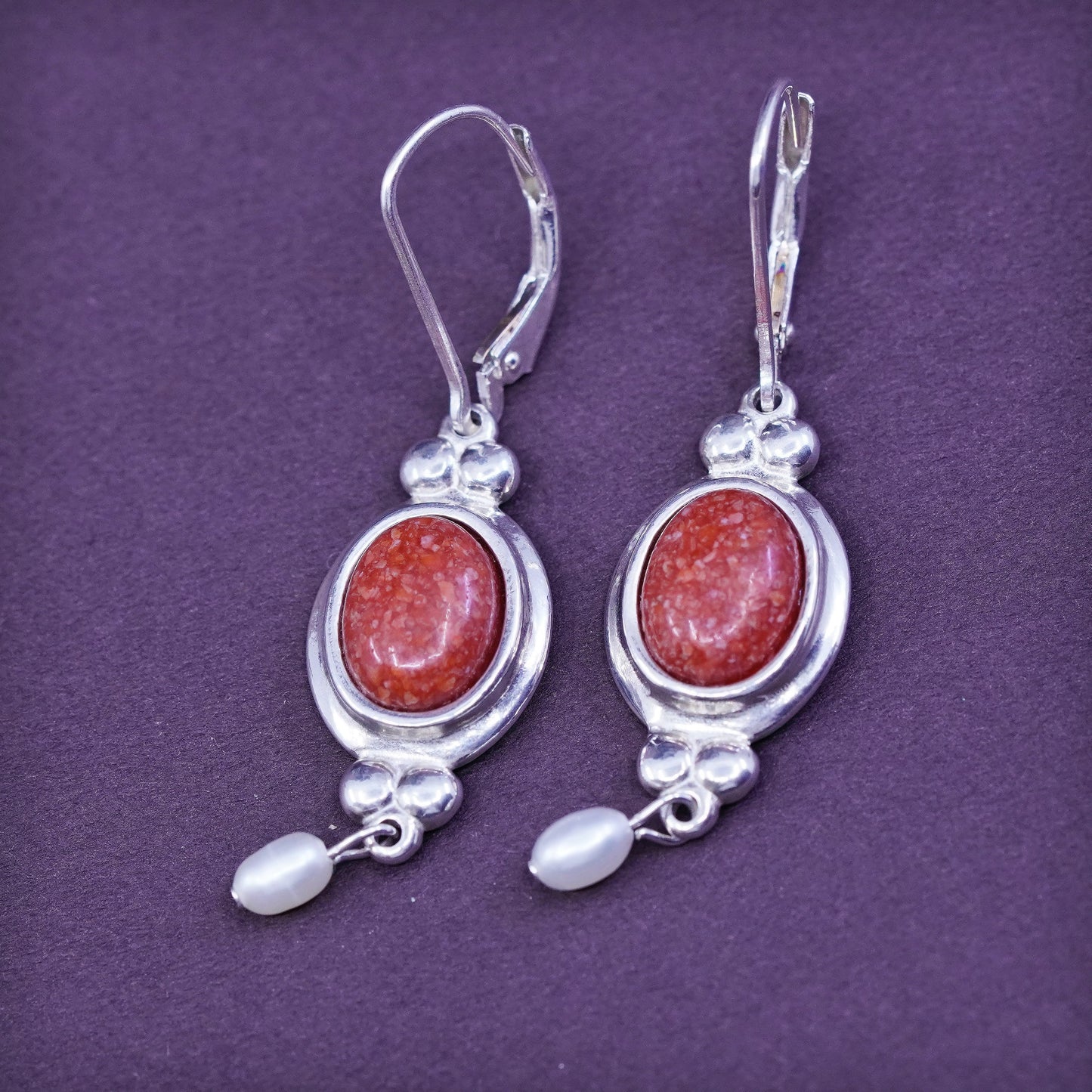 southwestern CCO Sterling 925 silver handmade earrings w/ oval coral and pearl