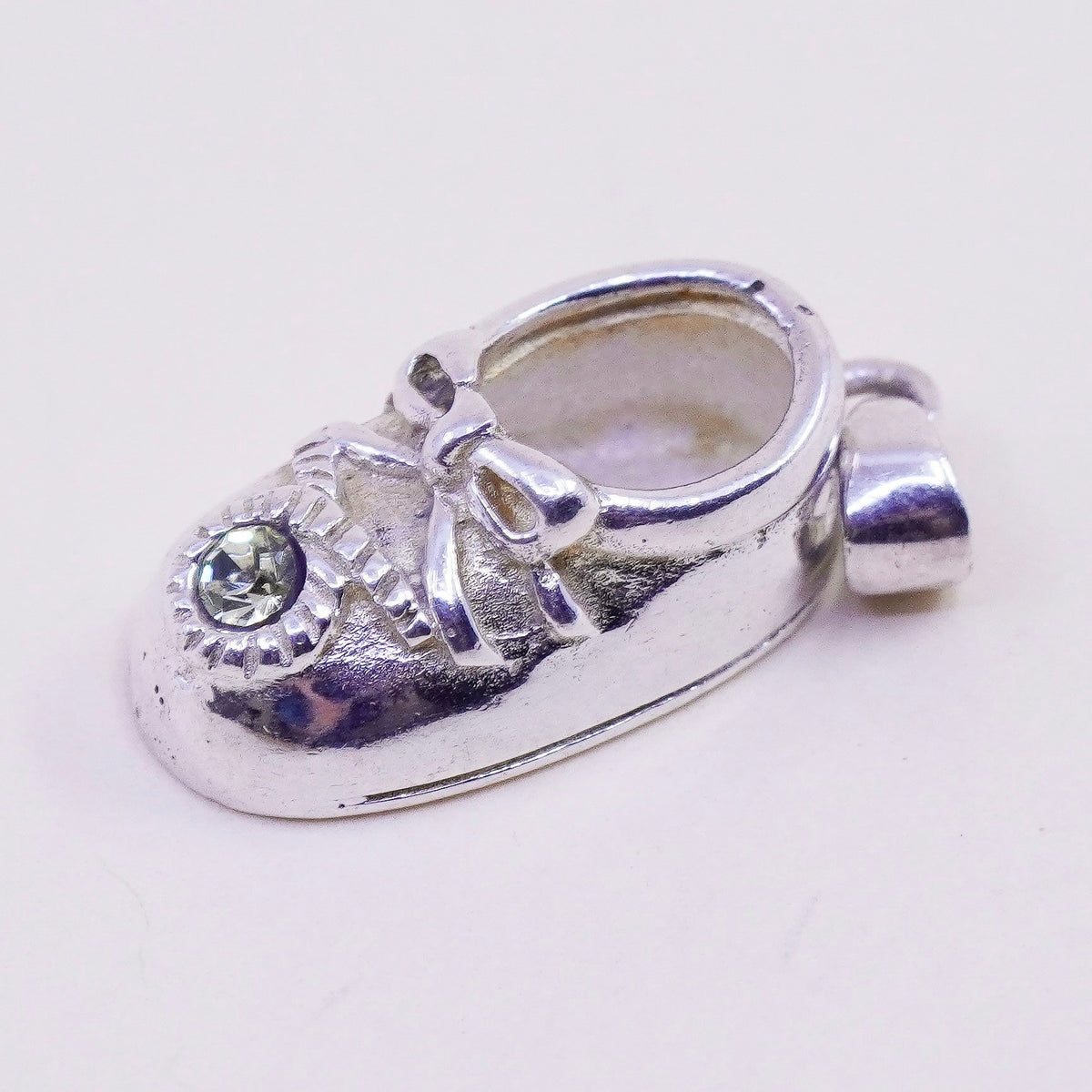 Vintage baby shoe sterling silver handmade pendant, 925 charm with cz