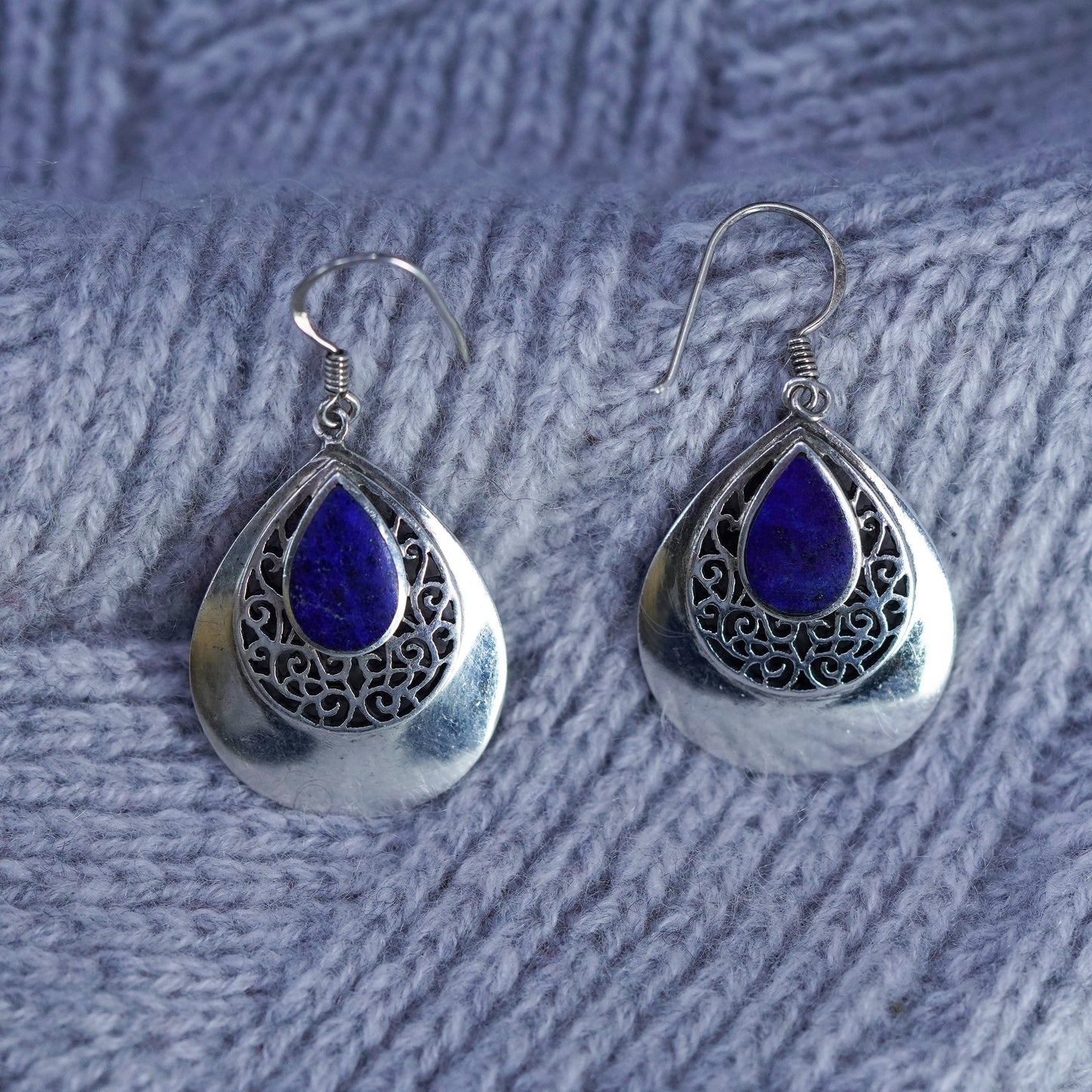 Boma Sterling 925 silver handmade teardrop filigree earrings with lapis lazuli