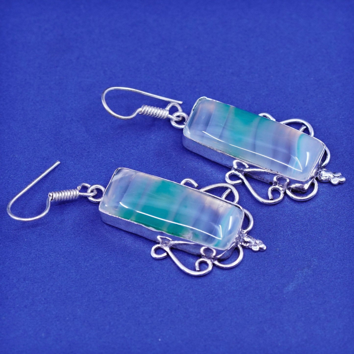 Vintage sterling silver handmade filigree earrings with rectangular jade