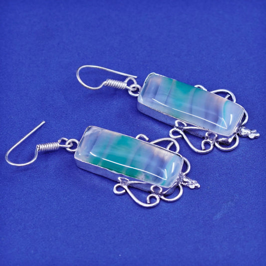 Vintage sterling silver handmade filigree earrings with rectangular jade