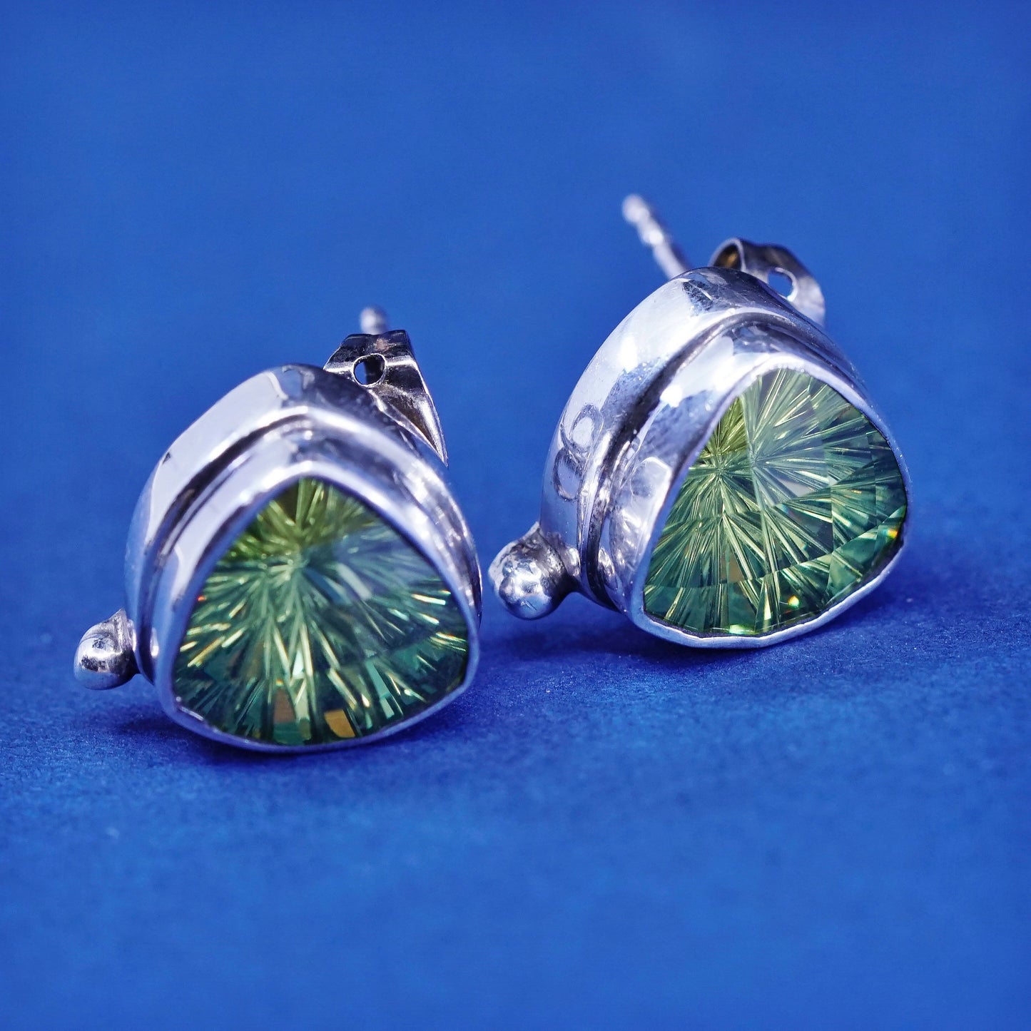 Vintage mega shiny sterling silver handmade earrings, 925 studs with peridot