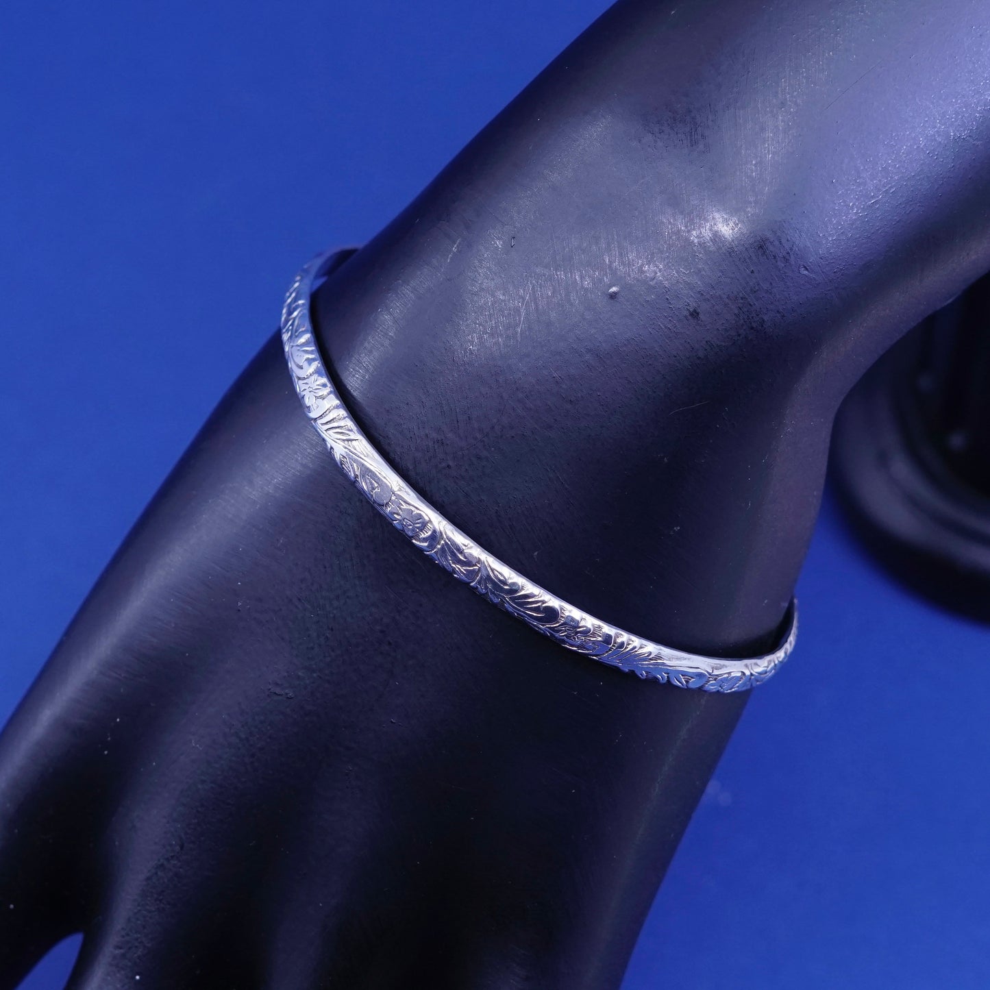 6.75”, sterling silver handmade bracelet, 925 textured cuff w/ “K” charm