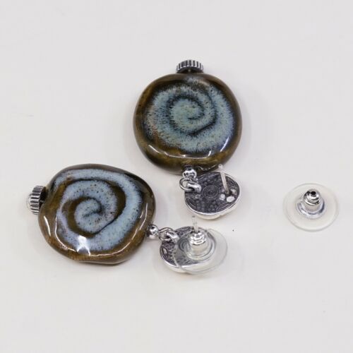 Vtg Modern handmade Sterling 925 Silver Earrings Round Green Swirl Glass