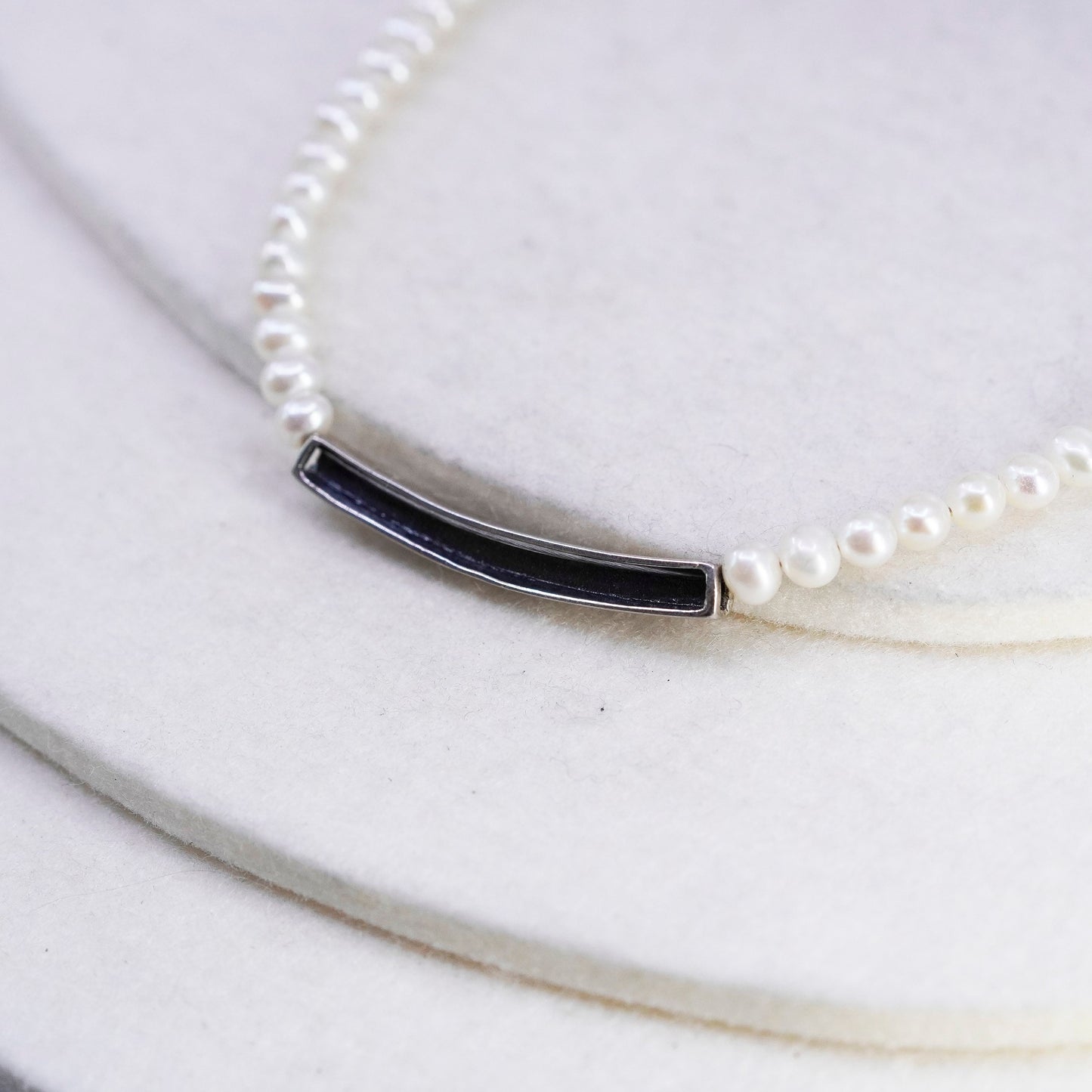 14+2”, Sterling 925 silver handmade pearl tennis necklace Marcasite bar pendant