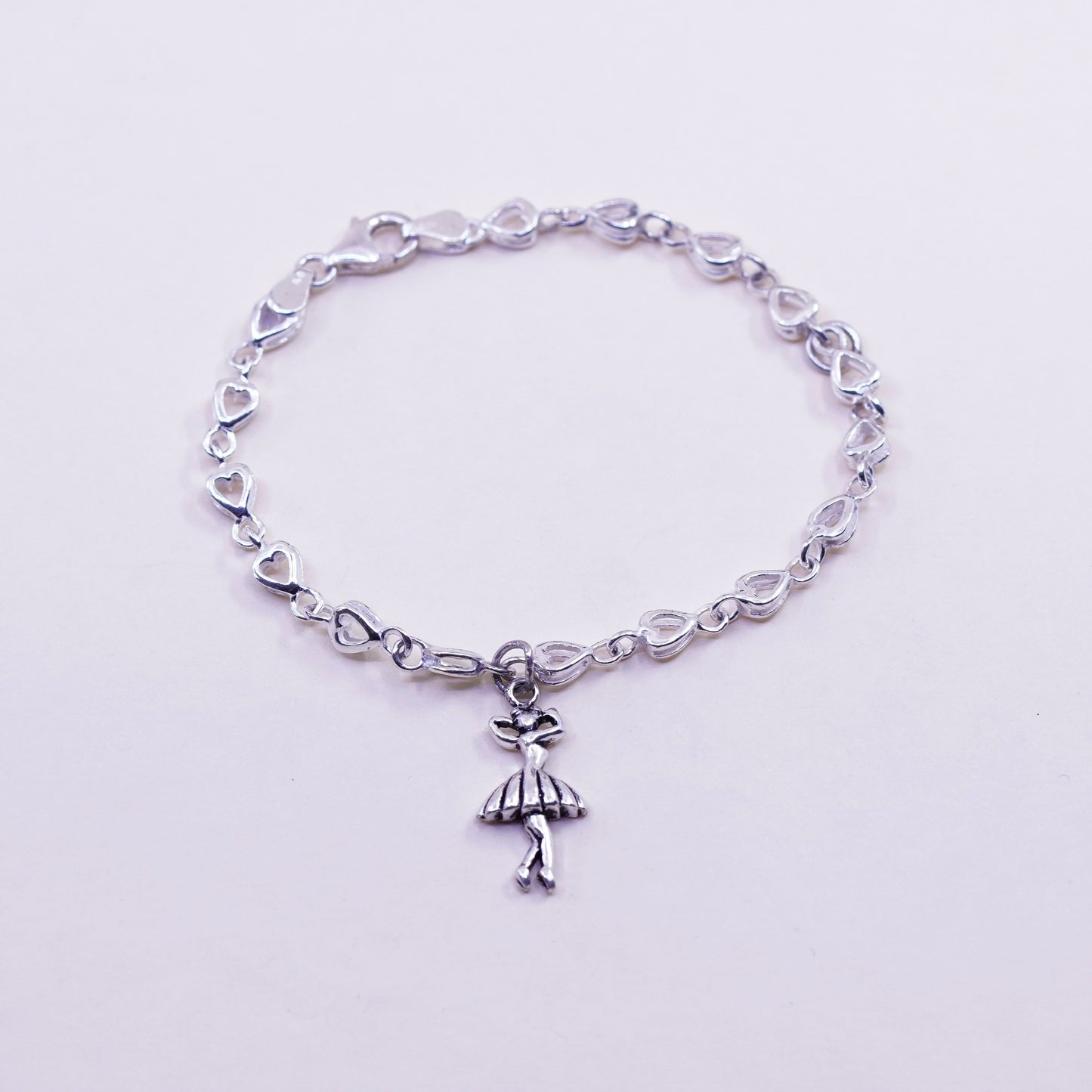 7”, Vintage sterling silver bracelet, 925 heart chain w/ girl ballerina dancer